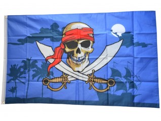 Drapeau pirate fond bleu avec bateau en location pour décor à thème corsaire, pirate sur Saint Malo