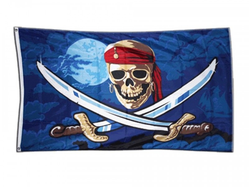 Drapeau pirate fond bleu, accessoire déco pour animation fête corsaire, livraison partout en France, Paris Chartres